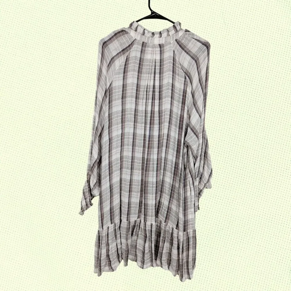 FREE PEOPLE Tunic Mini Dress XS‎ Beige Plaid Red Moon Cotton Blend Gauze Cottage